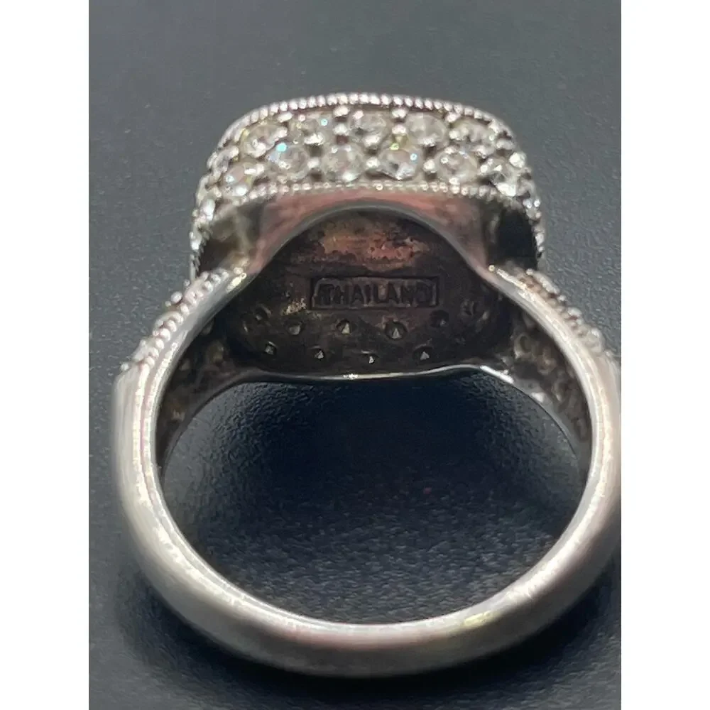 Sterling Silver Signed Ring Marcasite Crystal Cocktail Ring Vintage Style Size 8